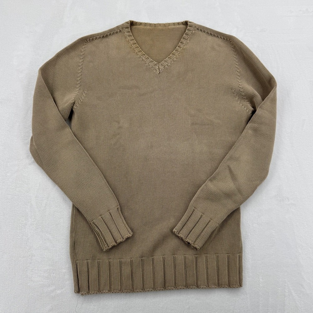 Unbranded V-Neck Sweater Mens Small Tan Khaki Excellent Saddle Shoulder Knit